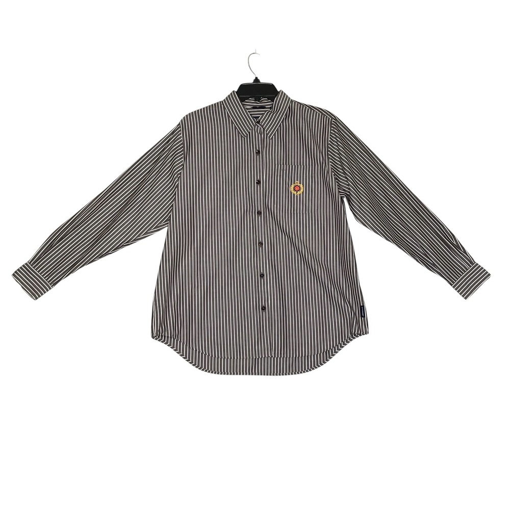 Liz Claiborne Shirt Womens M Brown Striped Button Front Crest Preppy Old Money
